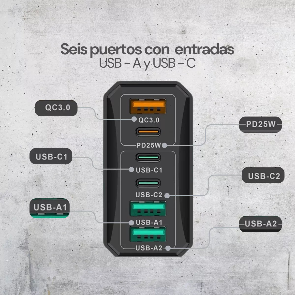 Cargador Tipo C de pared con 6 puertos carga rapida